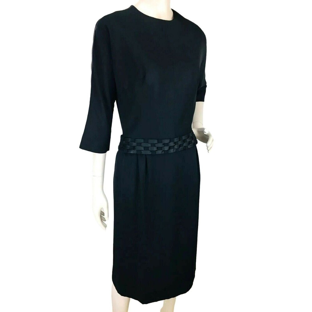 VTG 50s Frank Tisch "Mr. T" Black Woven Belt Cocktail Bombshell Wiggle Dress NEW